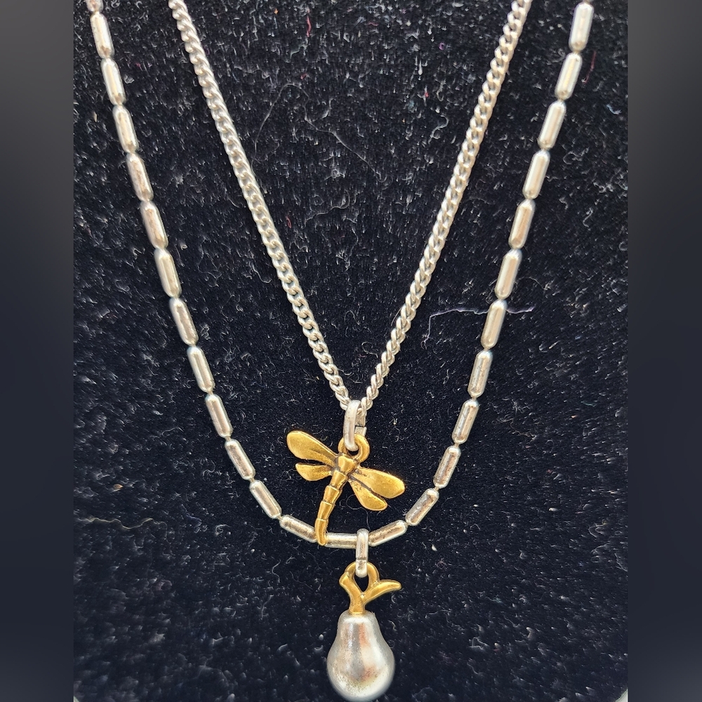 Dragonfly Pear necklace Hultquist Silvertone Gold tone Double Chain Multistrand